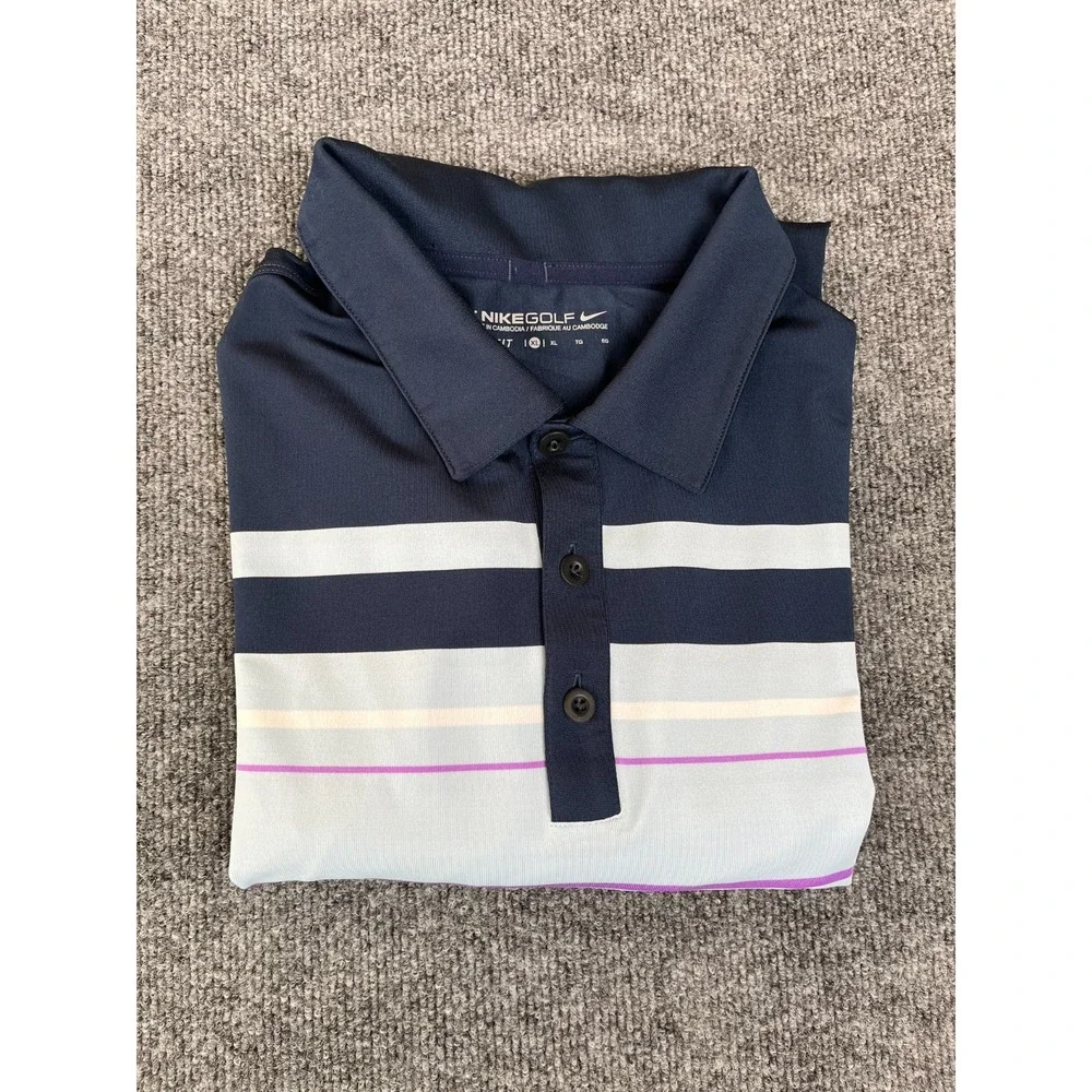 Nike Golf‎ Polo Shirt Men XL Blue  White Stripped Dri-Fit Polo Shirt Short Sleve
